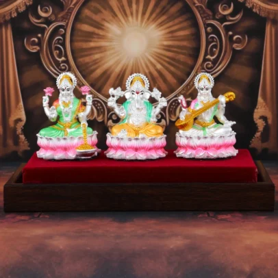 Silver Lakshmi Ganesha Saraswati Idol Set